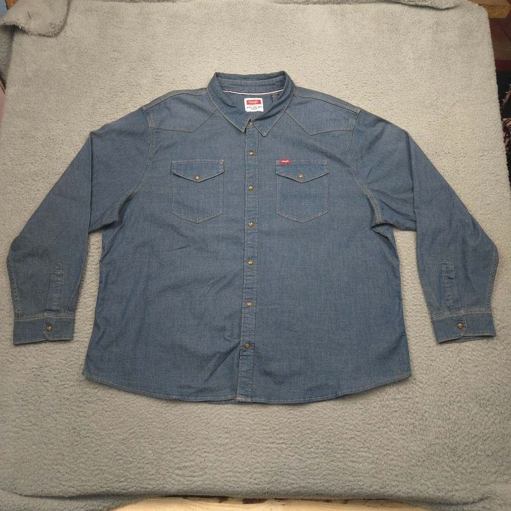 Wrangler Shirt Mens 3XL Blue Denim‎ Snap Western Cowboy Chambray Long Sleeve